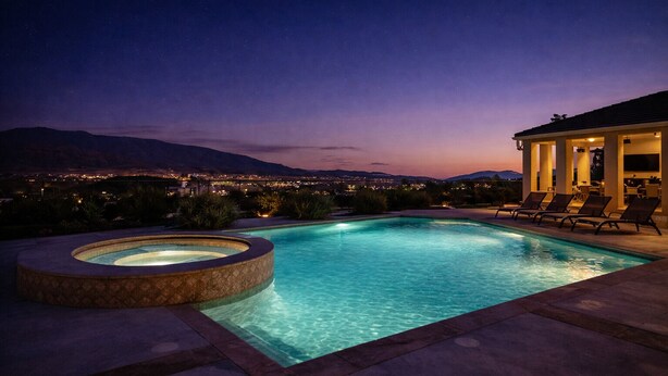 A swimming pool with a hot tub, lounge chairs, and a view of a cityscape at dusk. - Wine Estate - Private Pickleball, Solar Pool, Golf (Temecula)