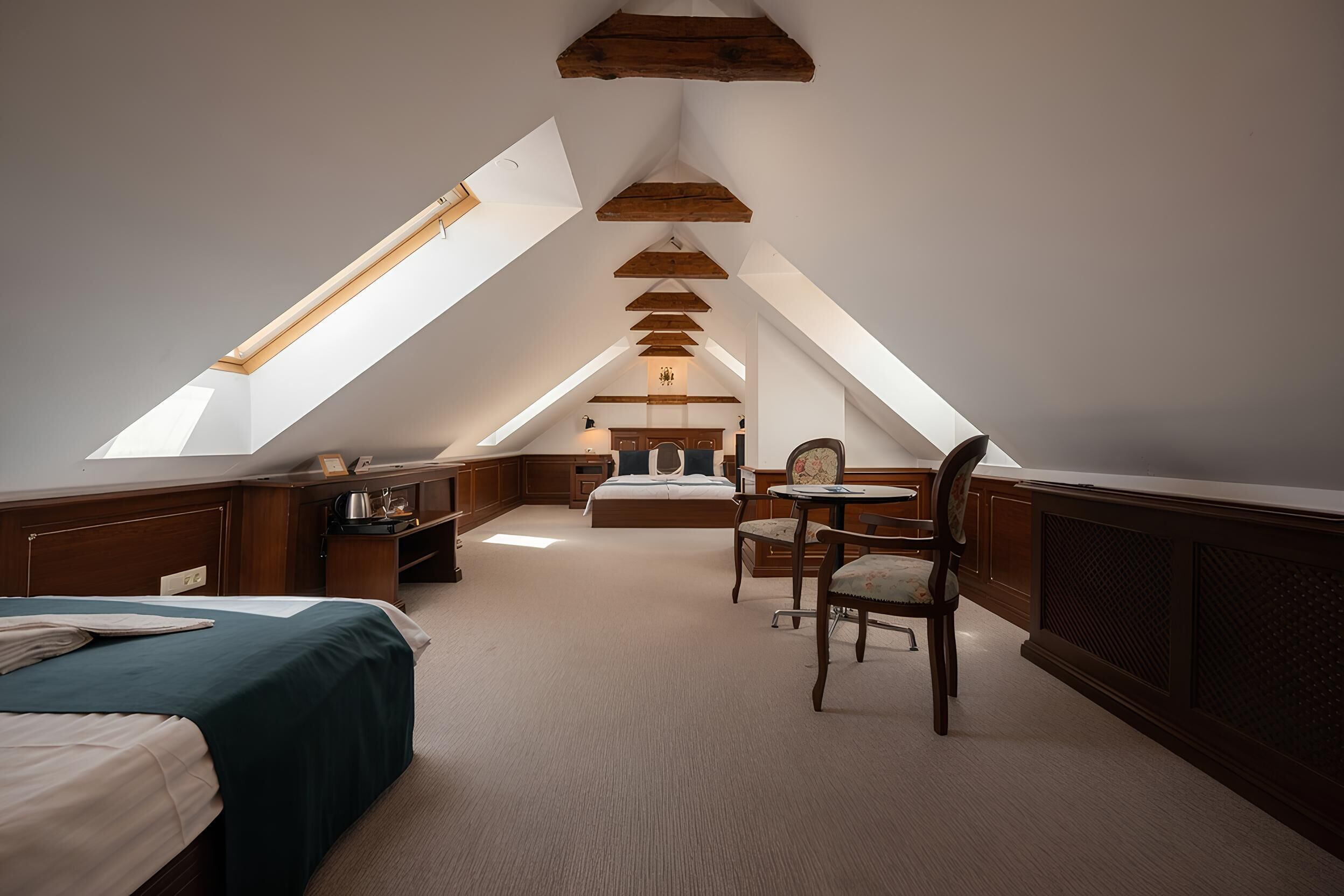 A bedroom with a sloped ceiling, a bed, a chair, a table, and a desk.