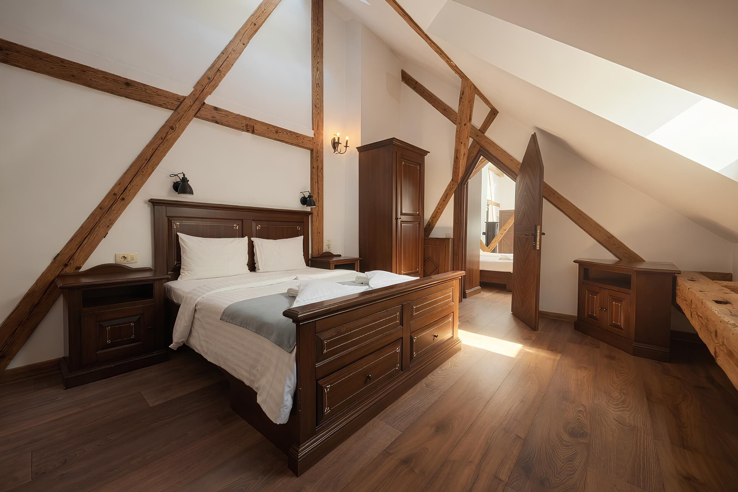 Un dormitorio con techo inclinado, vigas de madera, una cama grande, una mesita de noche, un aparador y un armario.