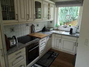 Fridge, microwave, oven, stovetop - Cozy vacation apartment with fireplace and Schlei view from the balcony (Kappeln)