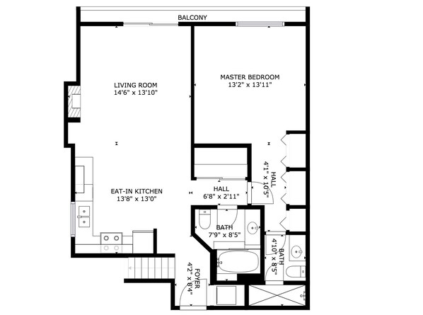 A floor plan of a house with a living room, master bedroom, eat-in kitchen, hall, bath, foyer, and balcony.