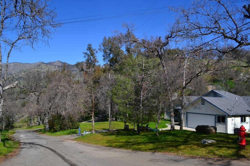 Une route de campagne menant à une maison avec un garage, entourée d’arbres et sous un ciel dégagé.