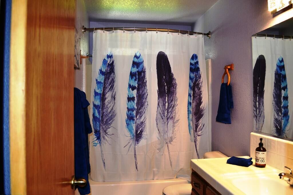 A bathroom with a shower curtain featuring feather designs, a white bathtub, a sink with a soap dispenser, and a towel hanging on the wall.