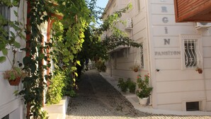 A narrow cobblestone street flanked by buildings with greenery and potted plants. - Ergin Butik Otel (Bozcaada)
