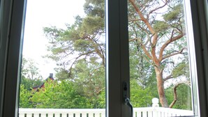 Vista por una ventana con cerca blanca de piquetes, un árbol grande y un edificio rojo al fondo.