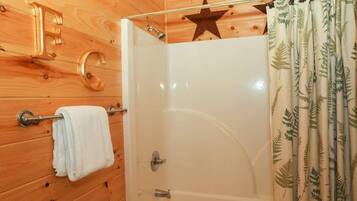 Shower, hair dryer, shampoo