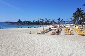 Una playa con filas de tumbonas y sombrillas, palmeras y un cielo azul despejado.