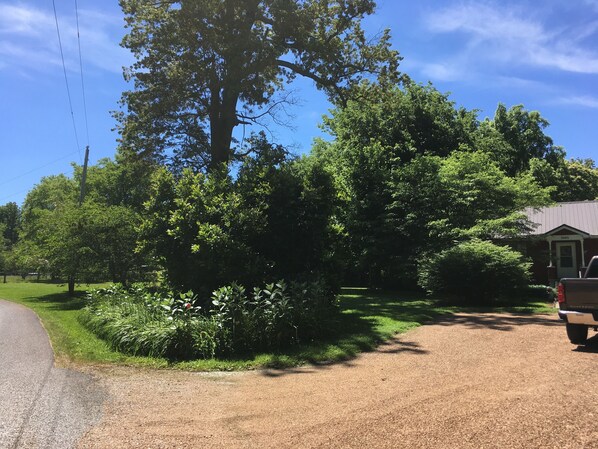 A house with a gravel driveway, surrounded by lush greenery and trees. - Quiet home on horse farm, halfway between Paducah & Wickliffe. Close to 60 & 286 (Kevil)