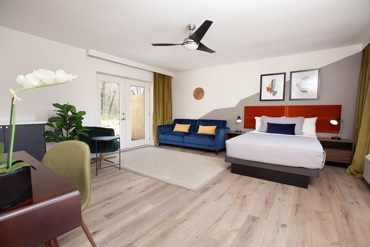 Une chambre d’hôtel moderne avec un lit, un canapé bleu, un bureau et une plante en pot.