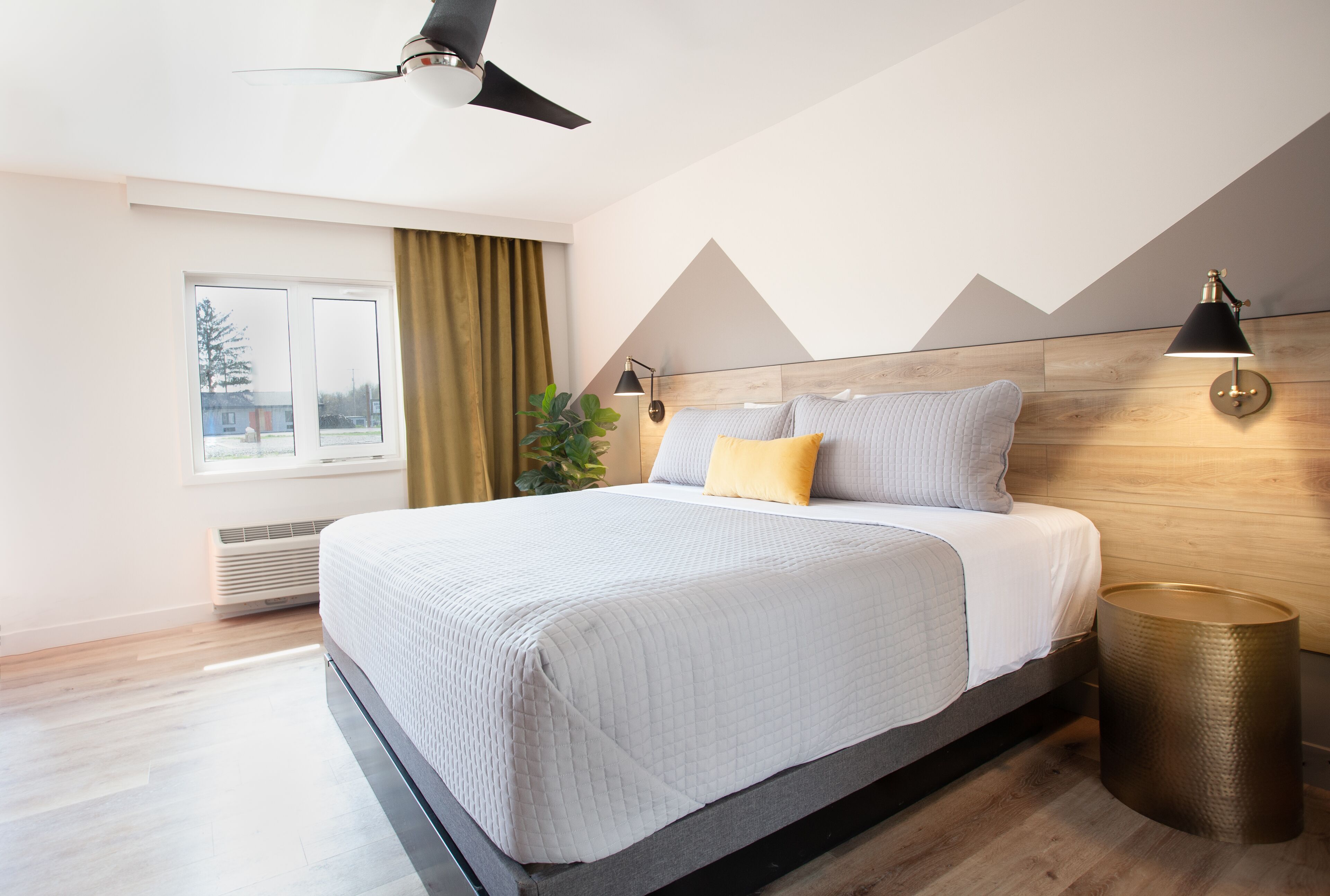 individually decorated, desk, laptop workspace, blackout curtains