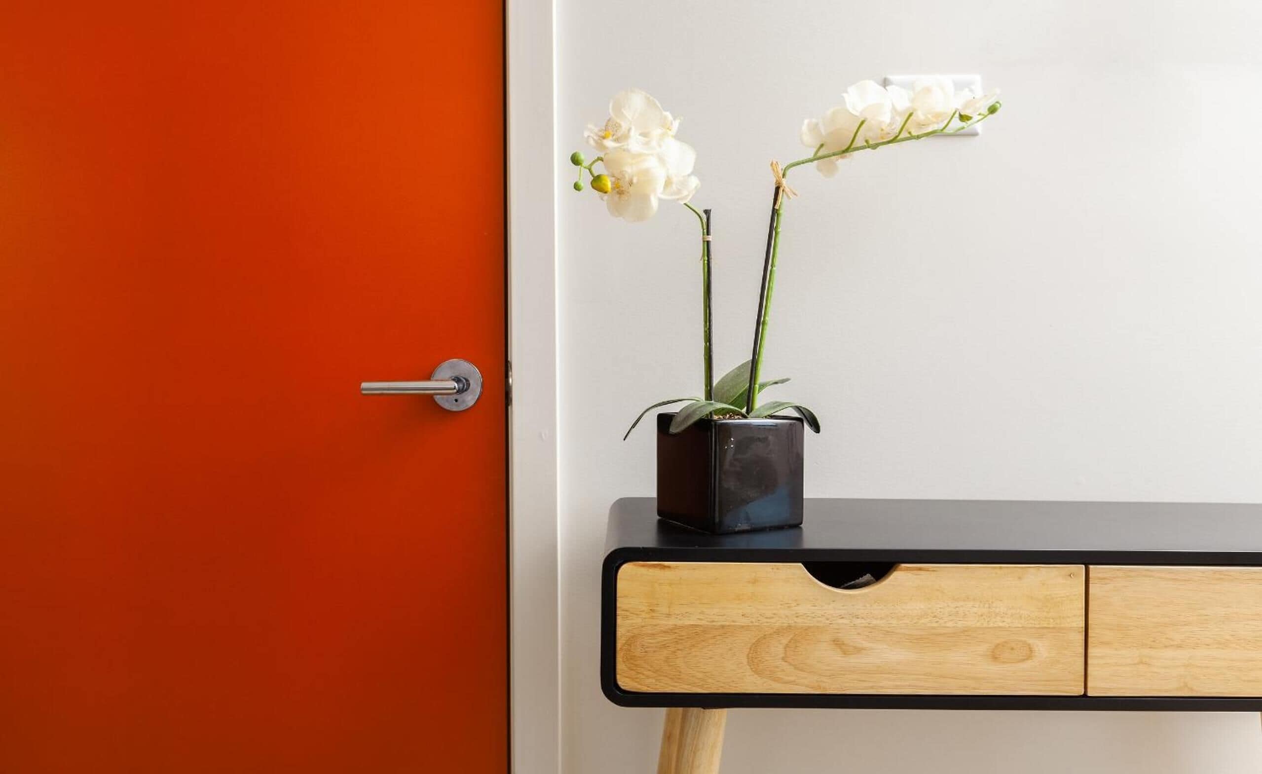 individually decorated, desk, laptop workspace, blackout curtains