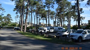 A parking lot with several vehicles, including cars and a white van, parked along a street lined with tall trees. - Beach<100m. Air conditioning. Wifi. Enclosed garden. bbc. Parking.opt car. No. of activities (borgo)