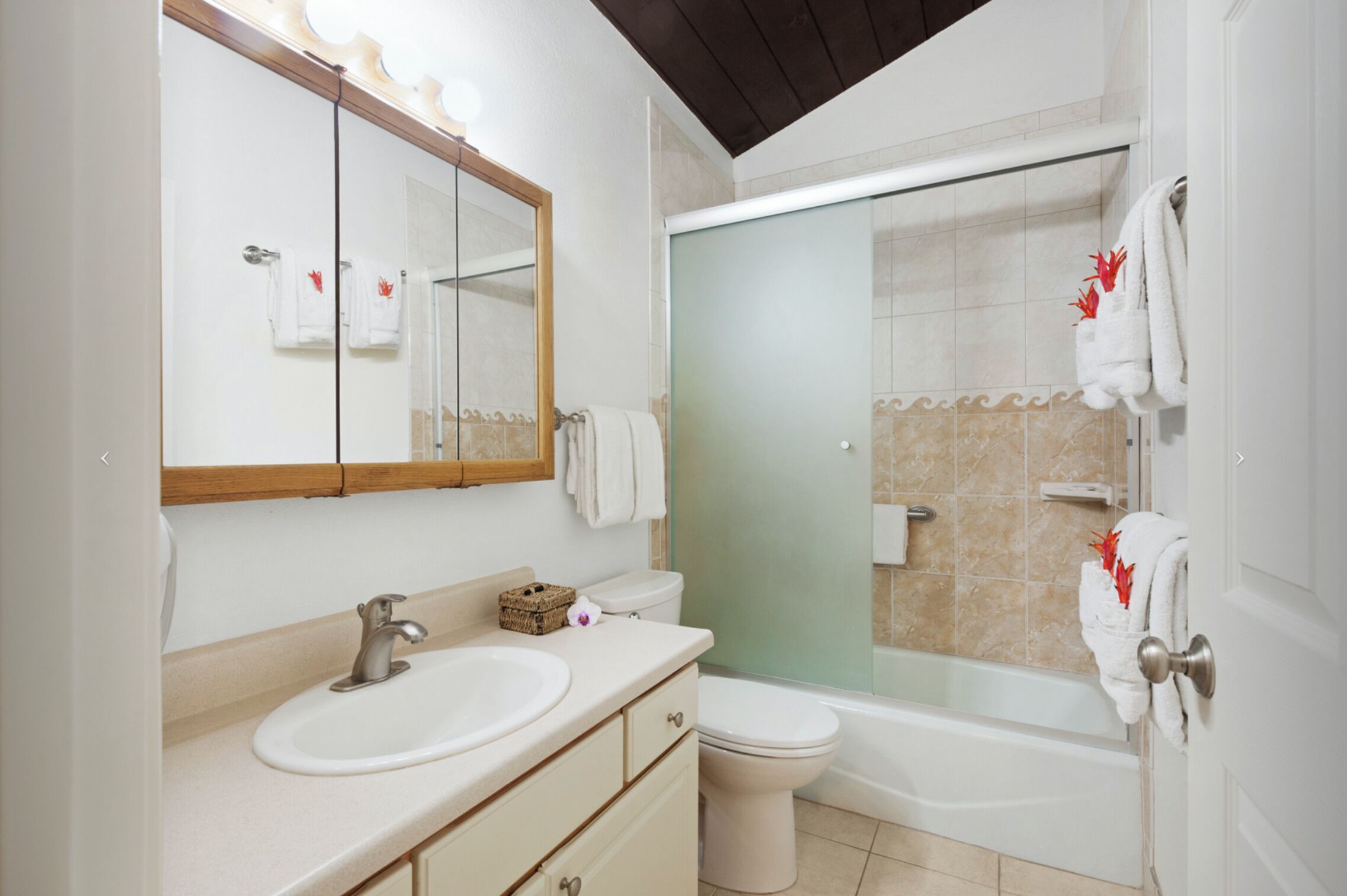 Combined shower/tub, hair dryer, towels, soap