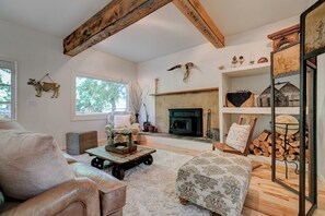 Una televisión, una chimenea, libros