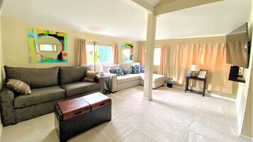 Smart TV, fireplace, video games, DVD player