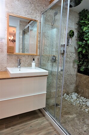 Hair dryer, towels, soap, shampoo