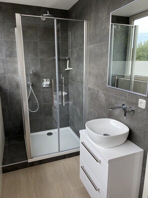 Shower, hair dryer, toilet paper