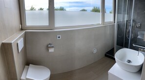 Shower, hair dryer, toilet paper