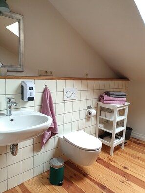 Douche, sèche-cheveux, serviettes fournies, savon