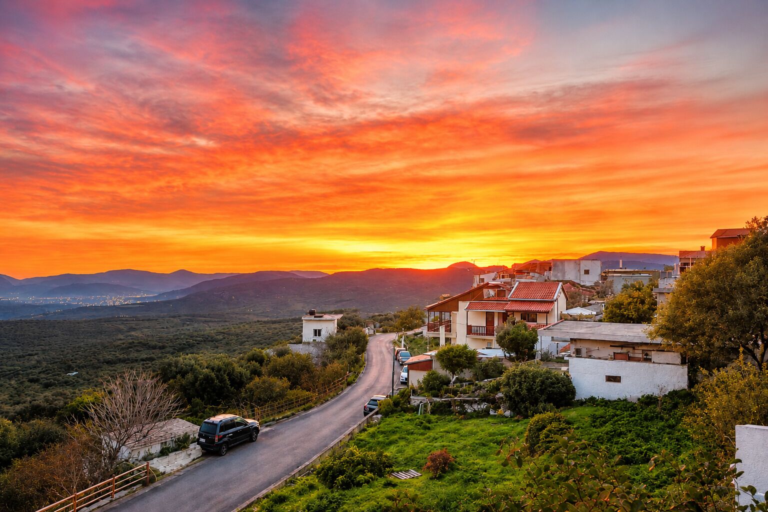 Paisagem rural com estrada, casas e pôr do sol.