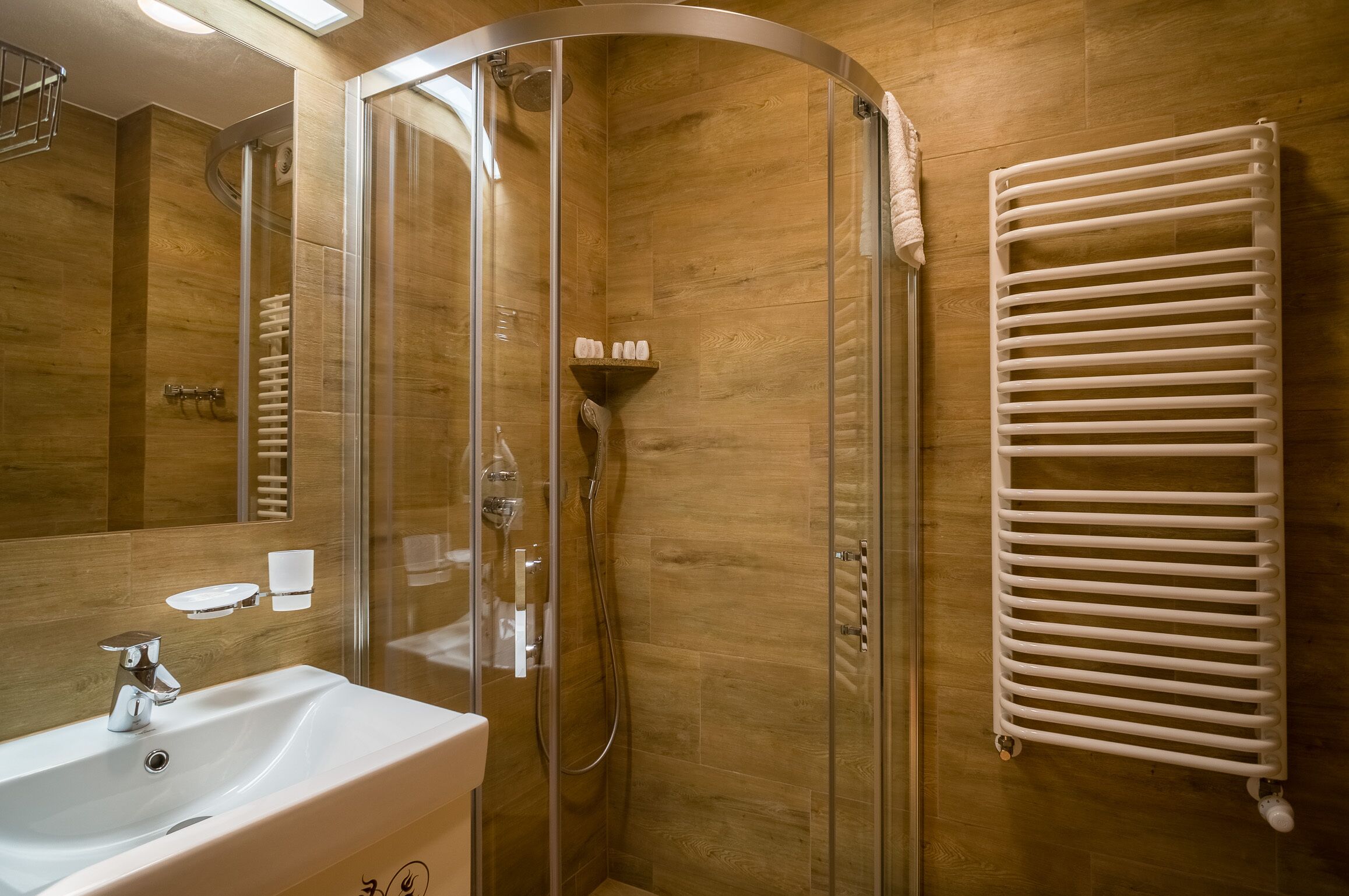 A modern bathroom with a glass-enclosed shower, a white sink, and a built-in towel rack.