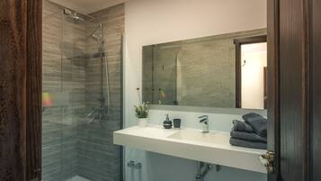 Shower, hair dryer, bidet, towels
