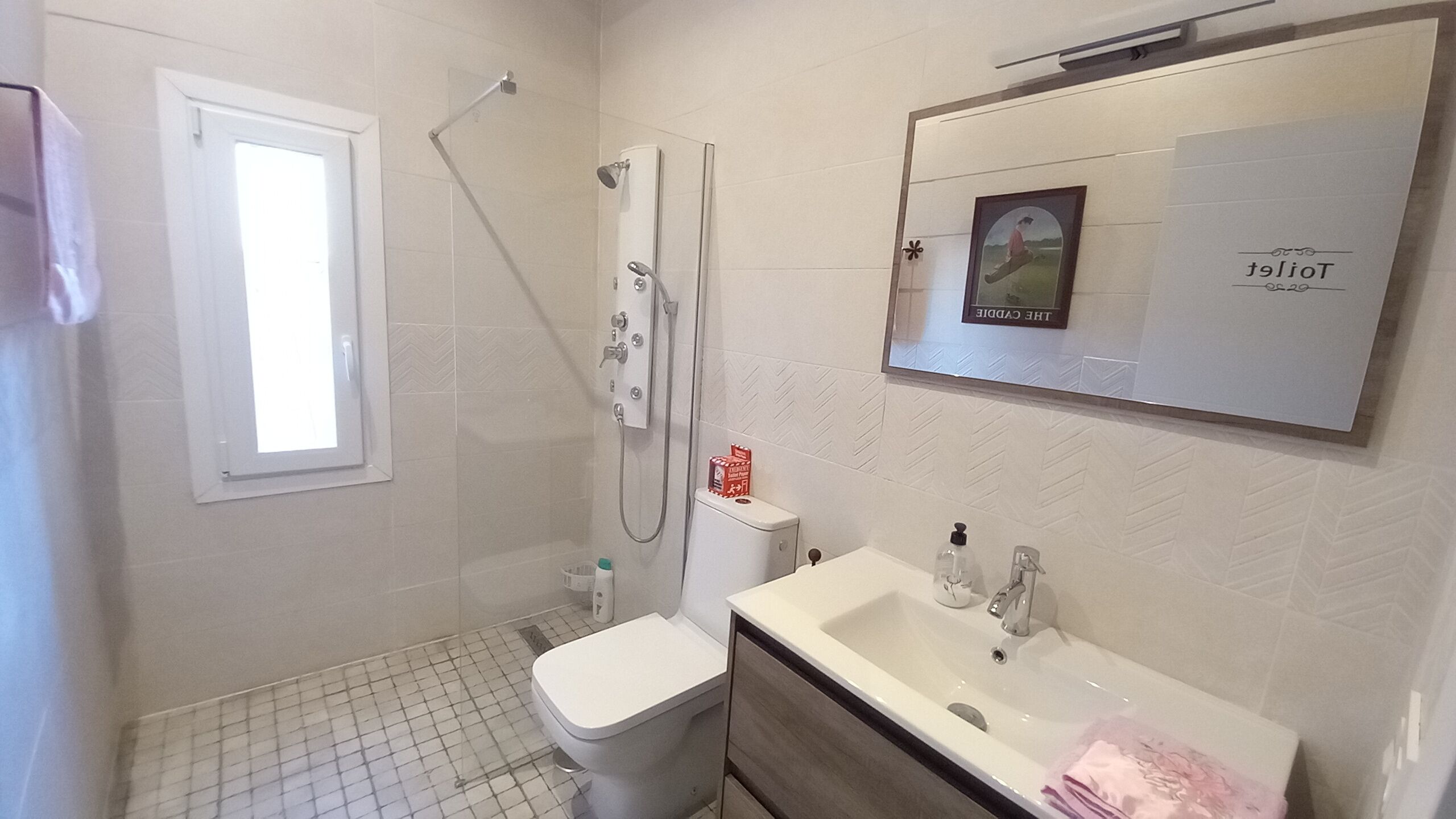 Een douche, een haardroger, handdoeken, zeep