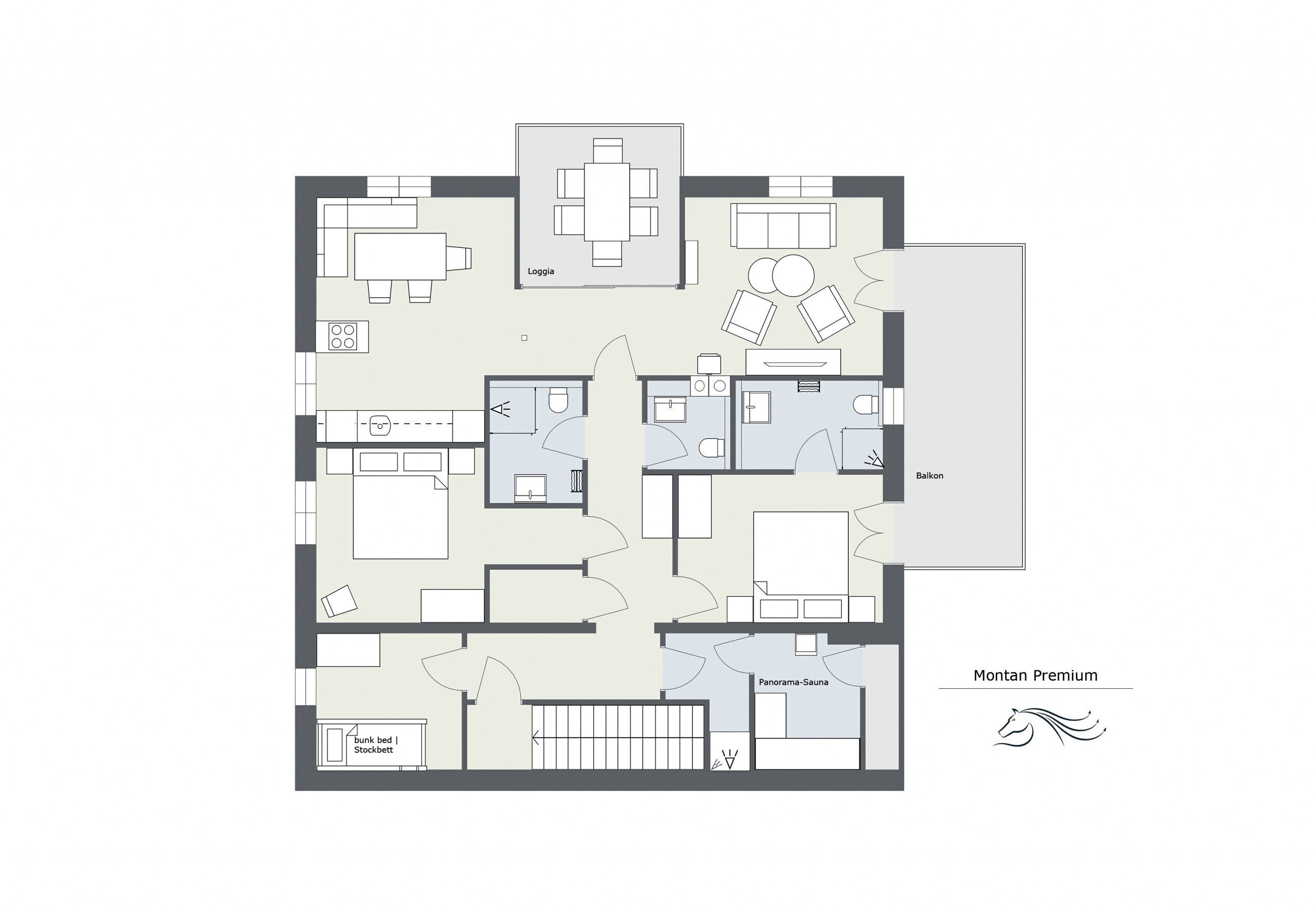 A floor plan of a hotel with a loggia, balcony, sauna, and a stockroom.