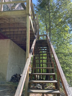 Staircase leads to a serene forest setting, offering access to a rustic building.