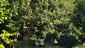 An outdoor patio with a green metal table and chairs, two wine glasses, and a green ashtray. - Compact, trendy furnished, vacation bungalow. Enclosed garden. Pets welcome! (Bruinisse)