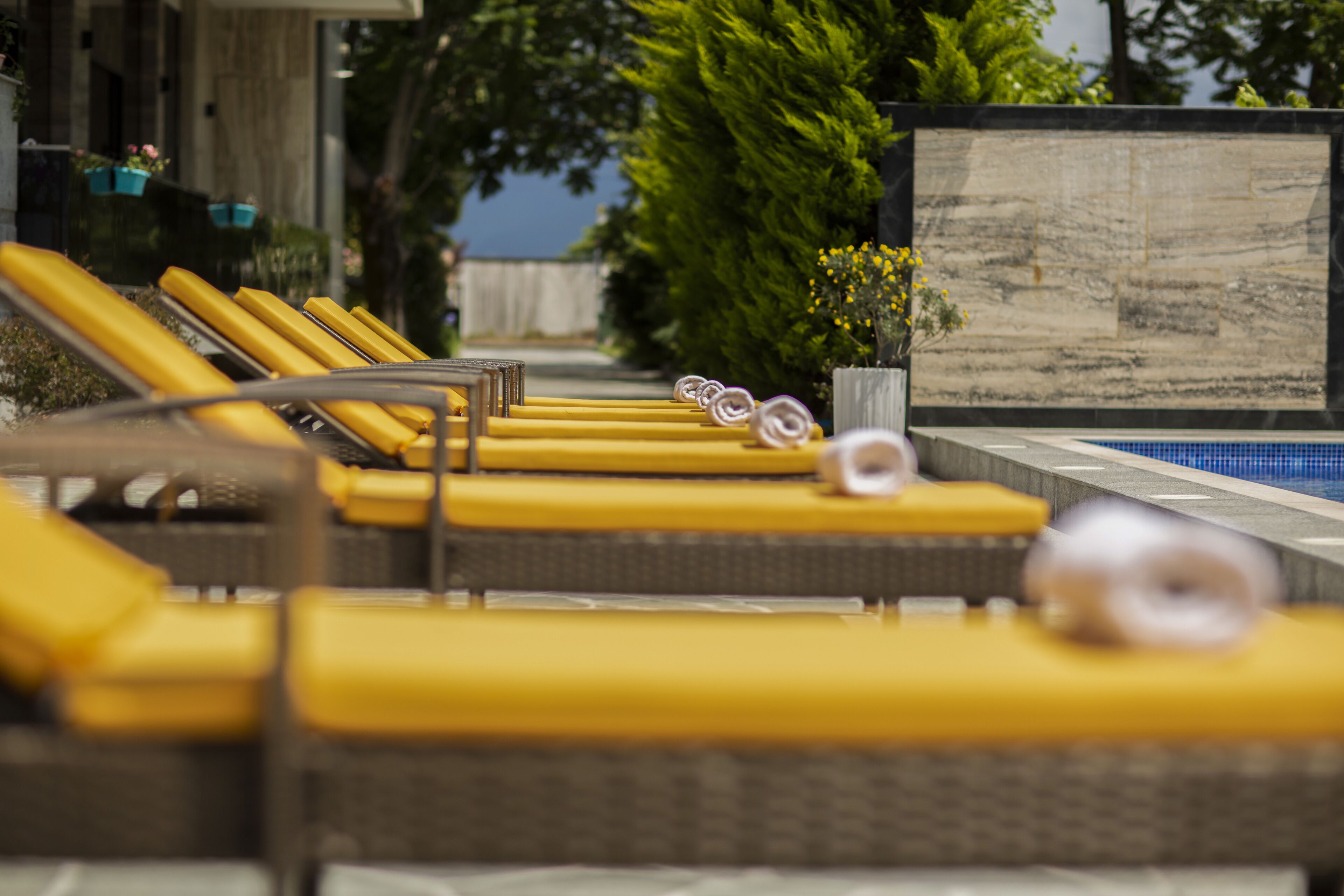 Une rangée de chaises longues jaunes, avec une piscine et un mur de pierre en arrière-plan.