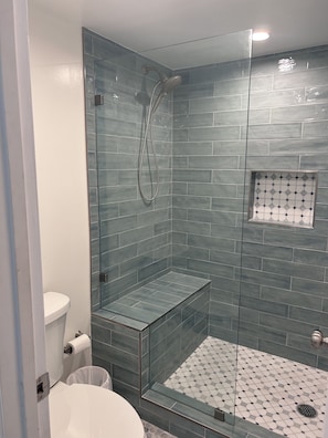 Combined shower/tub, hair dryer, towels, soap