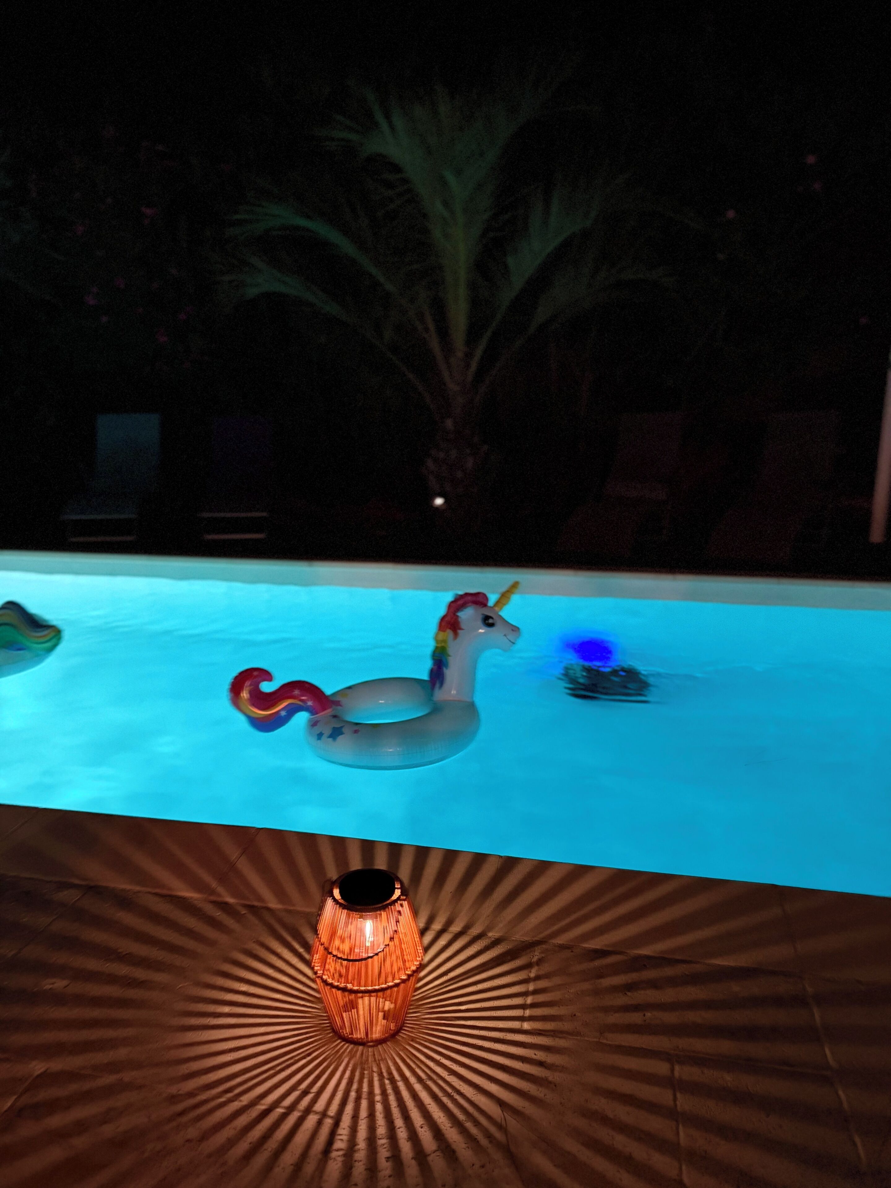 A swimming pool with a unicorn float and a tiki lamp.
