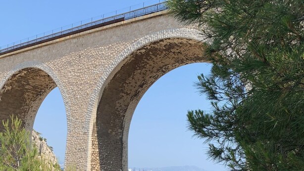 Una terraza de madera con vistas a un puente de piedra sobre el agua, rodeada de pinos.