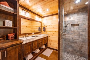 Combined shower/tub, hair dryer, towels, soap