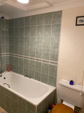 Bathtub, soap, shampoo, toilet paper