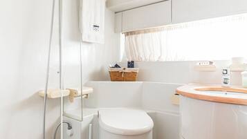 Shower, hair dryer, shampoo, toilet paper