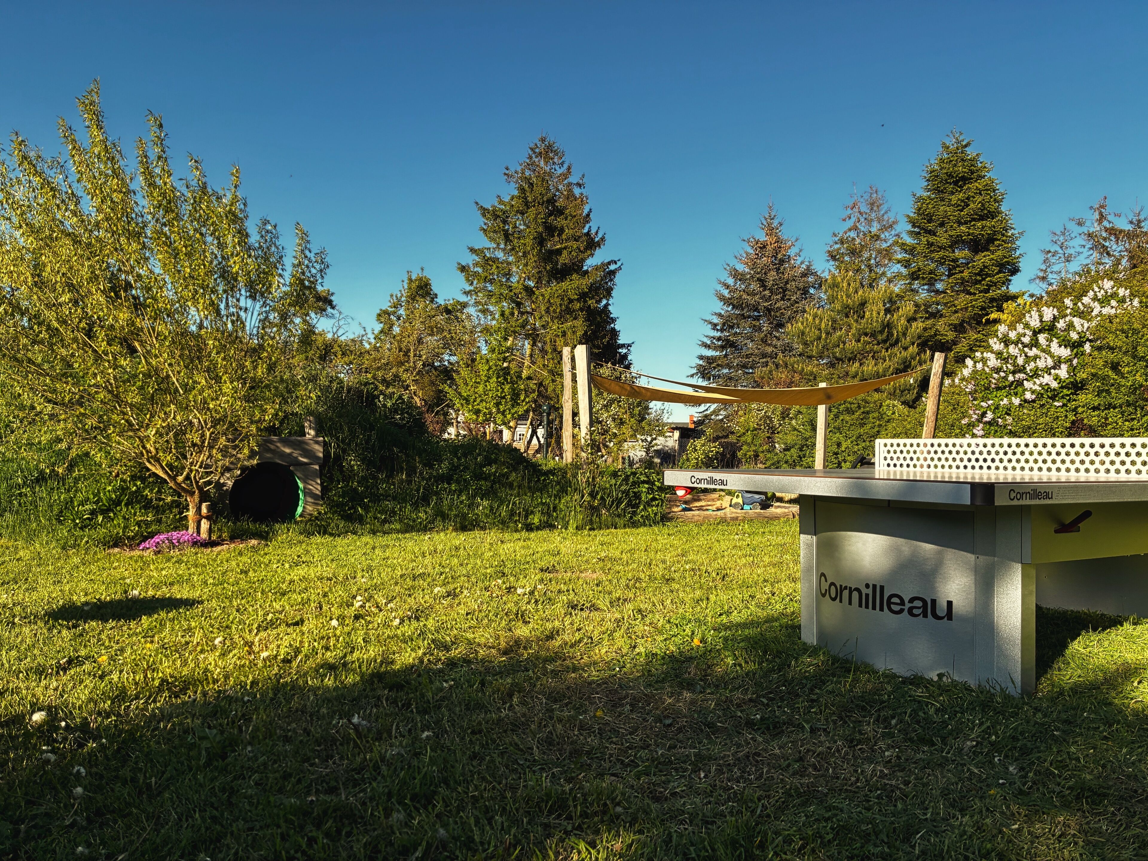 A park with a ping pong table labeled "Cornilleau" and a playground area.