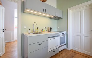Fridge, stovetop, dishwasher, coffee/tea maker