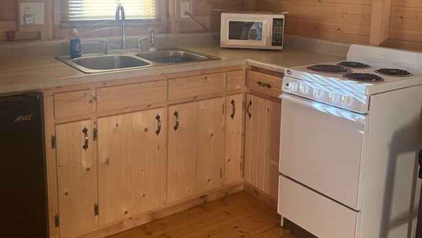 A kitchen with wooden cabinets, a sink, a microwave, and a stove. - Cozy Cabin with private back yard, located 5 min away from Dale Hollow Lake (Albany)