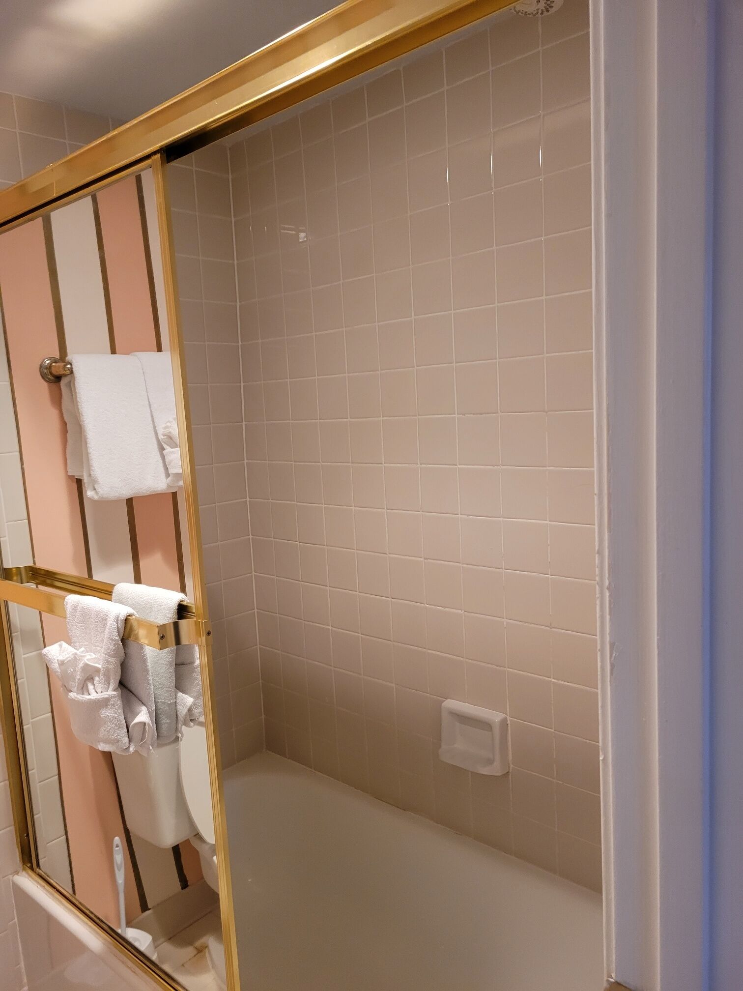 Une salle de bain comprenant un espace douche, des toilettes et un porte-serviettes avec plusieurs serviettes.