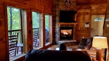 Smart TV, fireplace, video games, DVD player