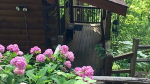 Una cabaña de madera con un porche, rodeada de exuberante follaje y flores de hortensia rosadas.