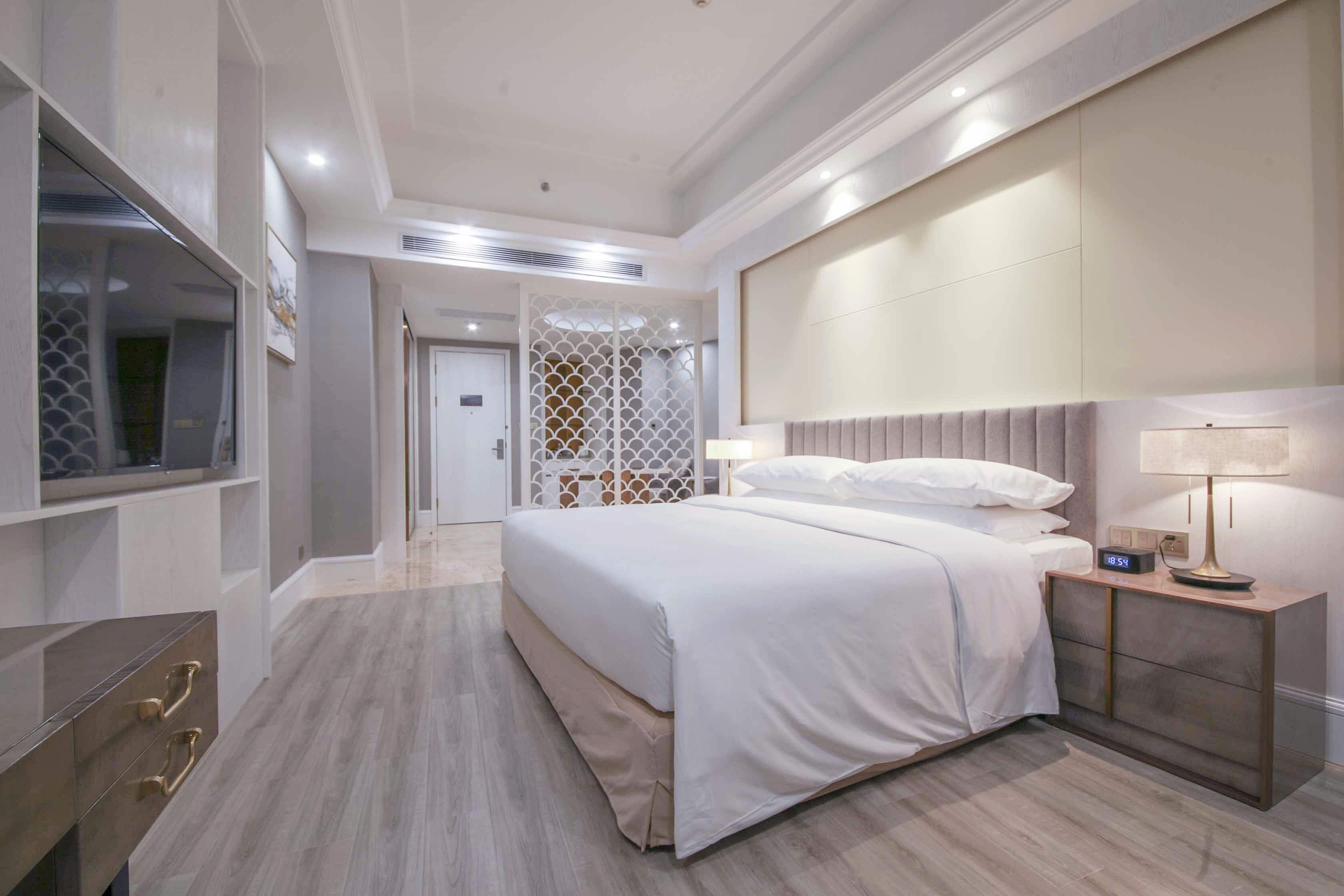 Una habitación de hotel moderna con una cama grande, mesitas de noche, un televisor y un panel decorativo.