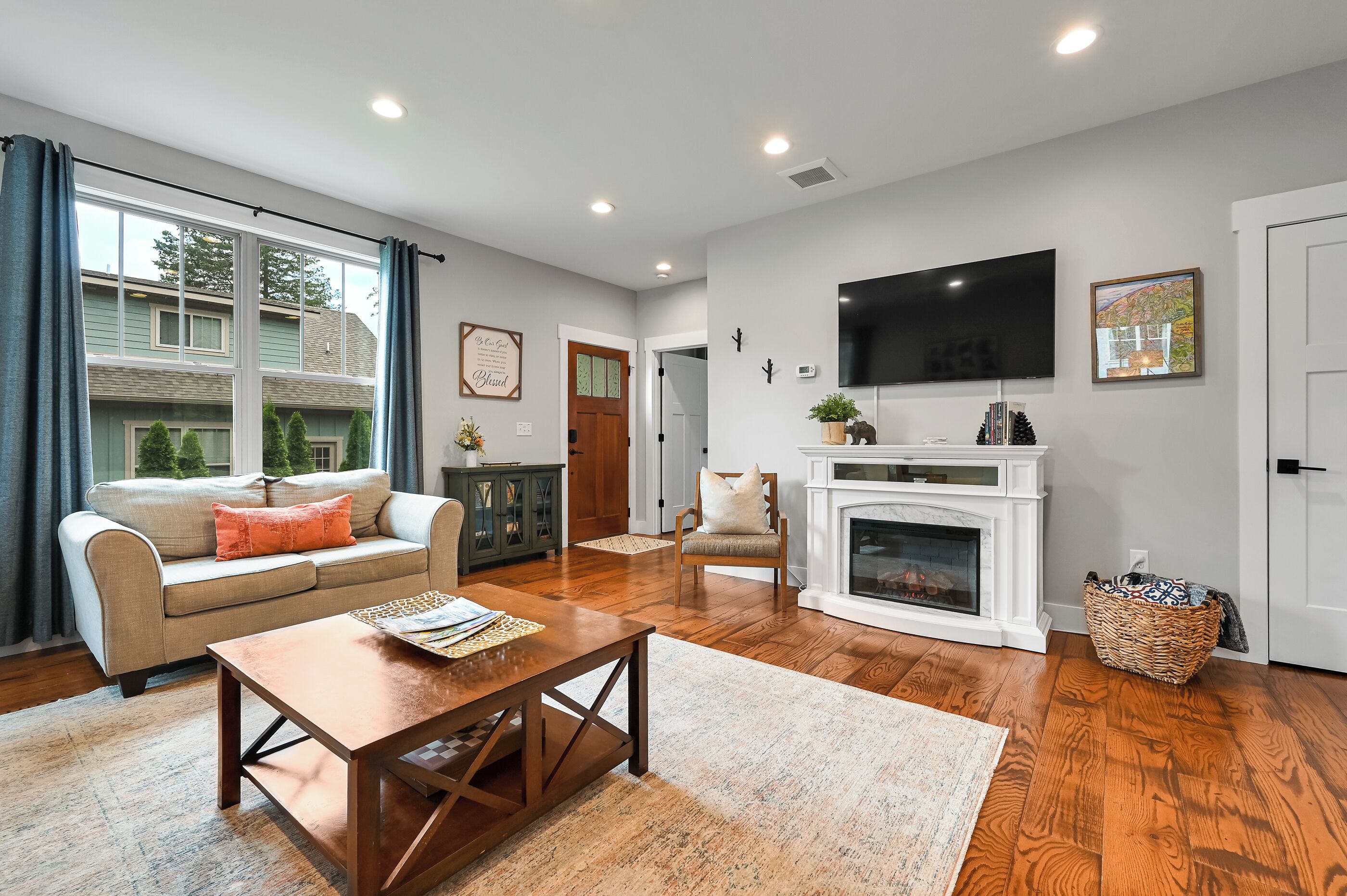 TV connectée, cheminée, lecteur de DVD, livres