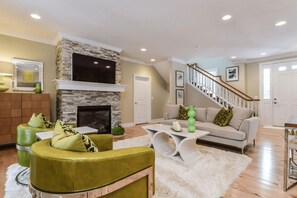 Smart TV, fireplace, video games, DVD player