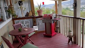 A covered outdoor area with a red grill, a table with chairs, potted plants, and a view of a valley.