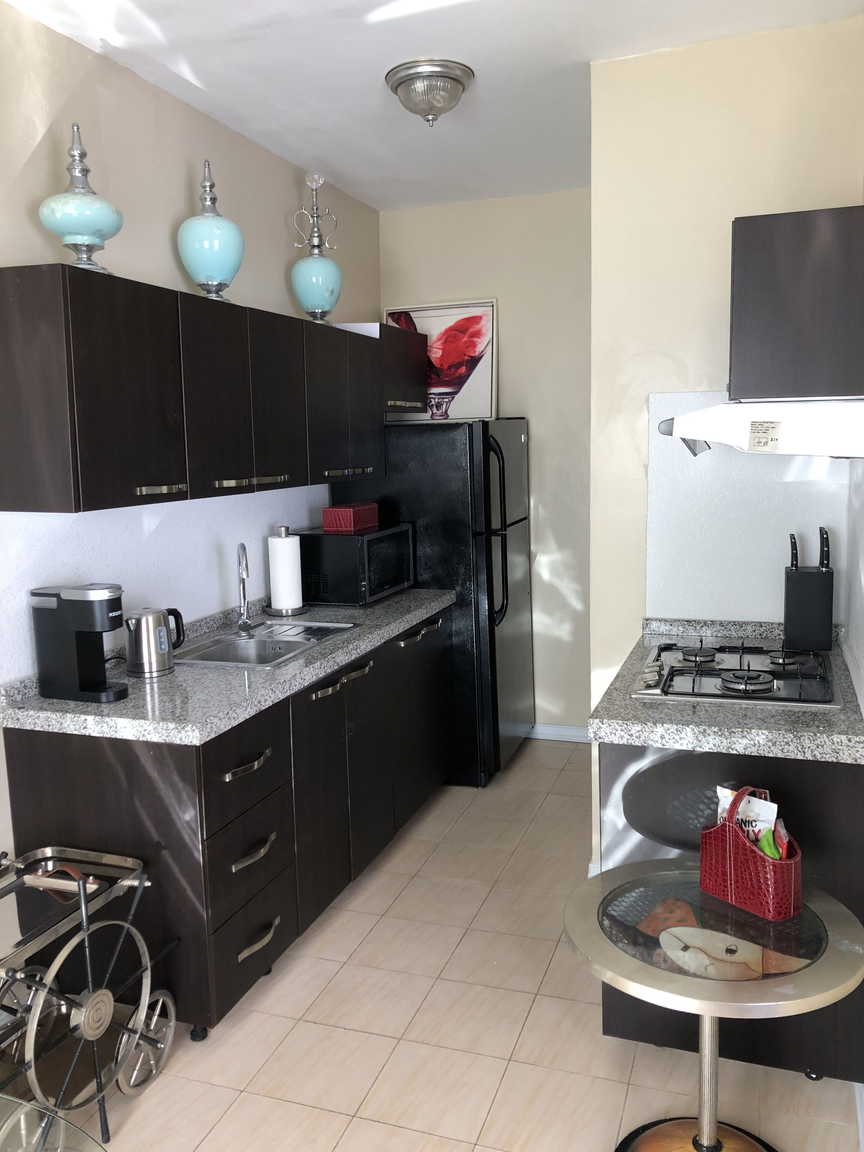 Een koelkast, een magnetron, een kookplaat