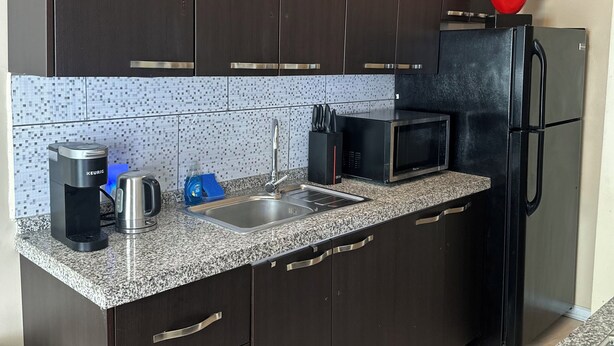 A modern kitchen with dark cabinets, a granite countertop, a coffee maker, a microwave, and a refrigerator. - Milano Art Studio Apartment (Los Angeles)