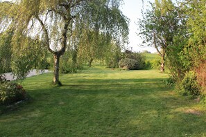 Escape to a serene garden oasis with a weeping willow tree and lush greenery.